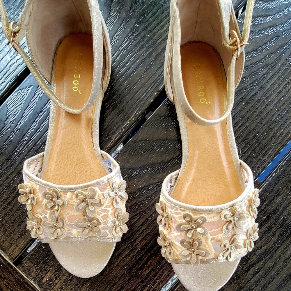 BAMBOO Women’s Floral Embellished Ankle-Strap Sandals in Light Gold